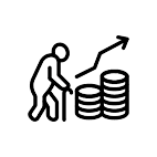 Symbol für betriebliche Altersvorsorge Ein Symbol zeigt eine Person, die auf Münzstapel zeigt, mit einem Pfeil, der nach oben weist. Es steht für betriebliche Altersvorsorge und finanzielle Zukunftsvorsorge.
